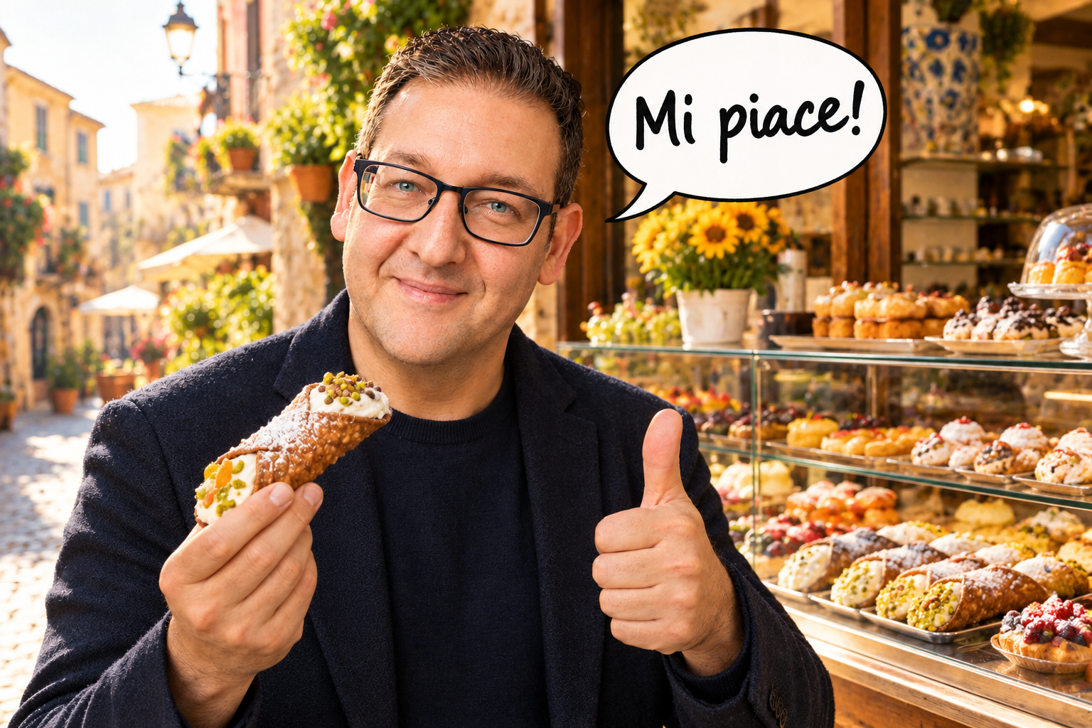 Italian teacher smiling with a thumbs up in a pastry shop, saying mi piace