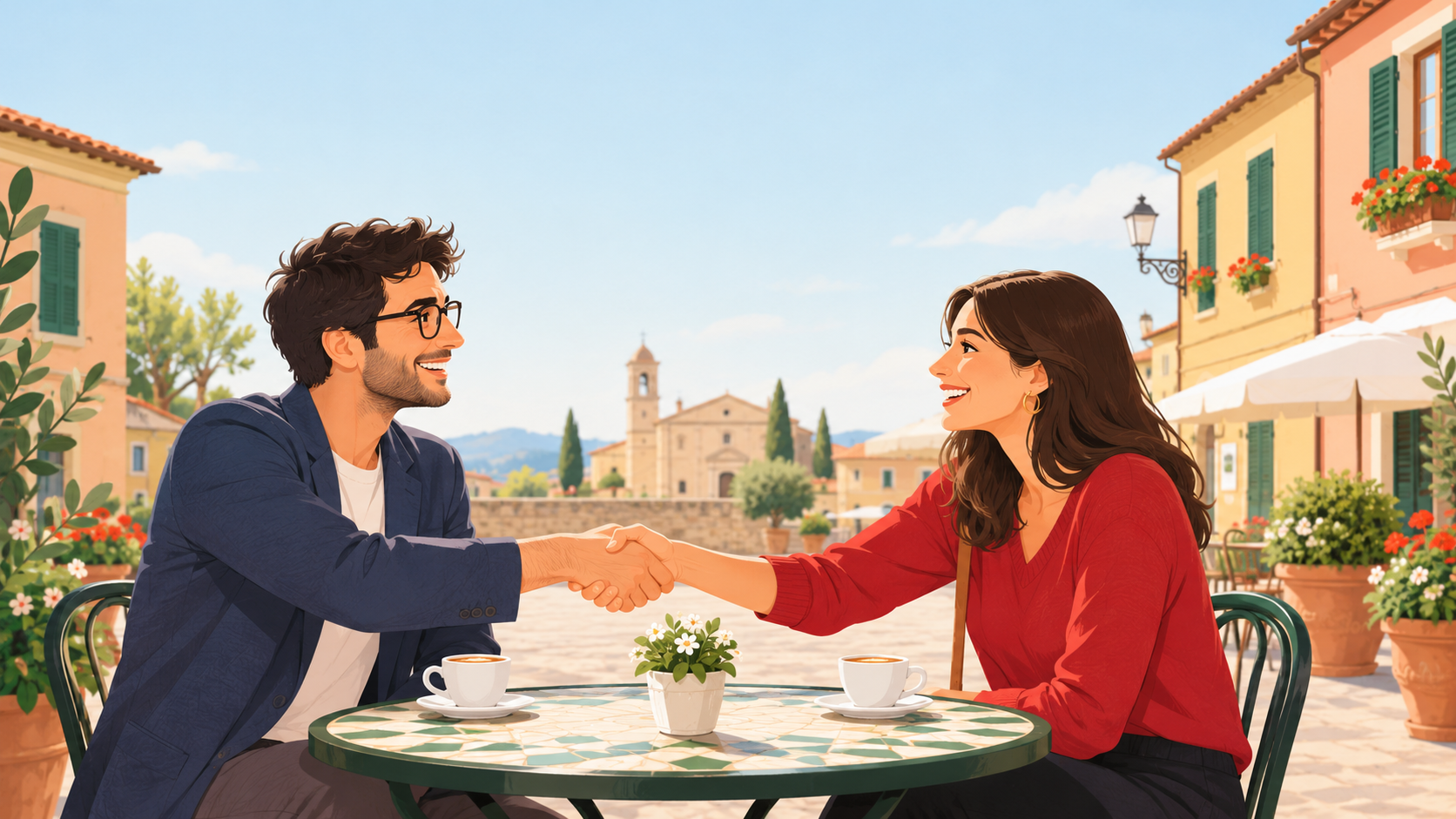 Two people shaking hands to introduce yourself in Italian at a café table in an Italian square